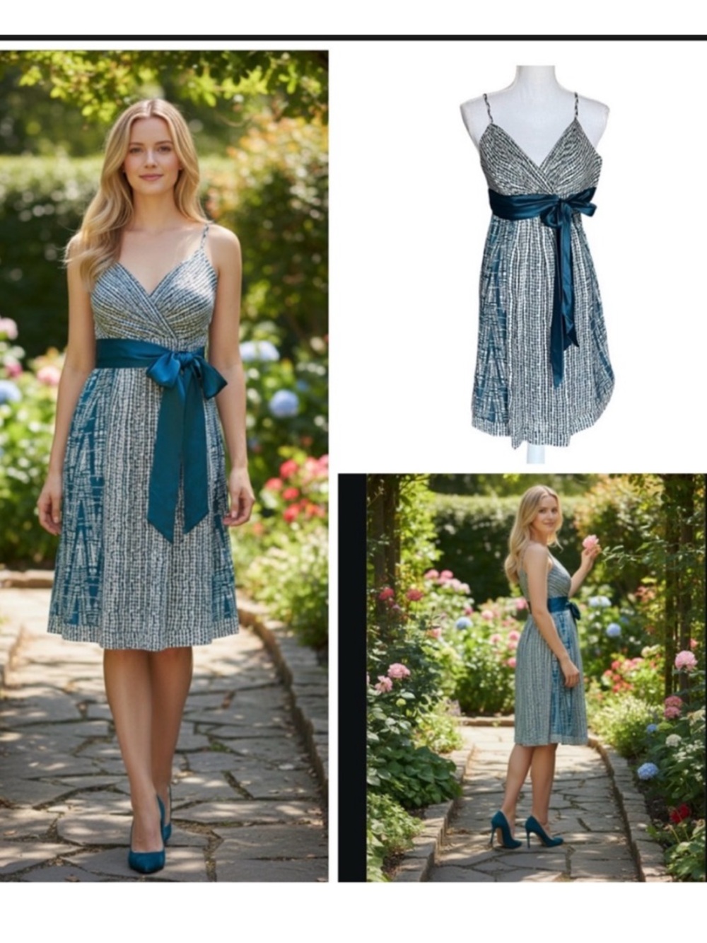 BCBGMaxAzria SILK teal grey white dress lined adjustable spaghetti straps